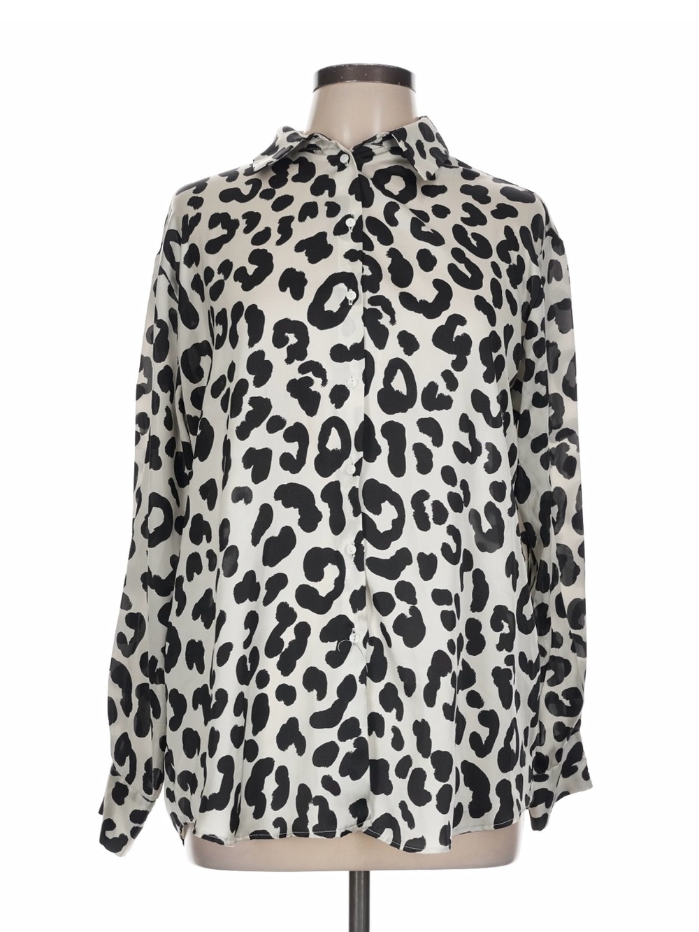 Zara Black and White Leopard Print Satin Button-Up Shirt